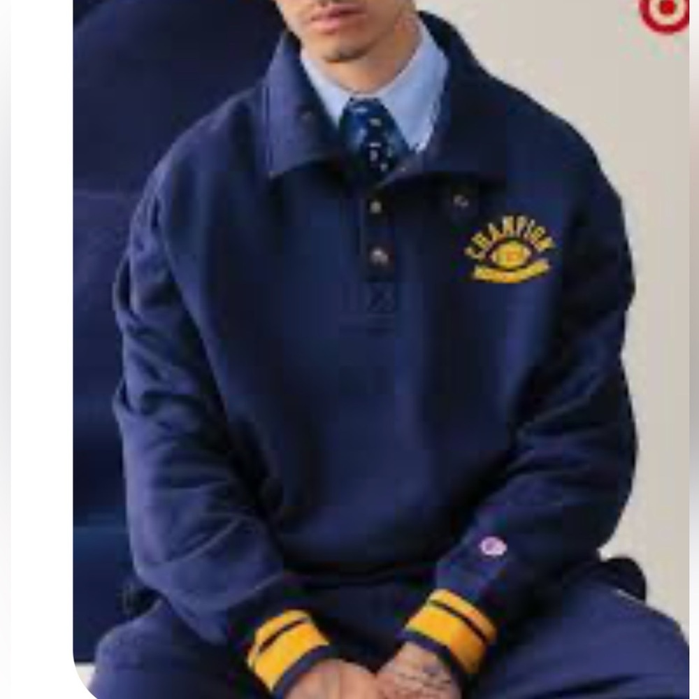Mens Navy Champion Pullover Sweatshirt with Yellow Crest Sz L NWT